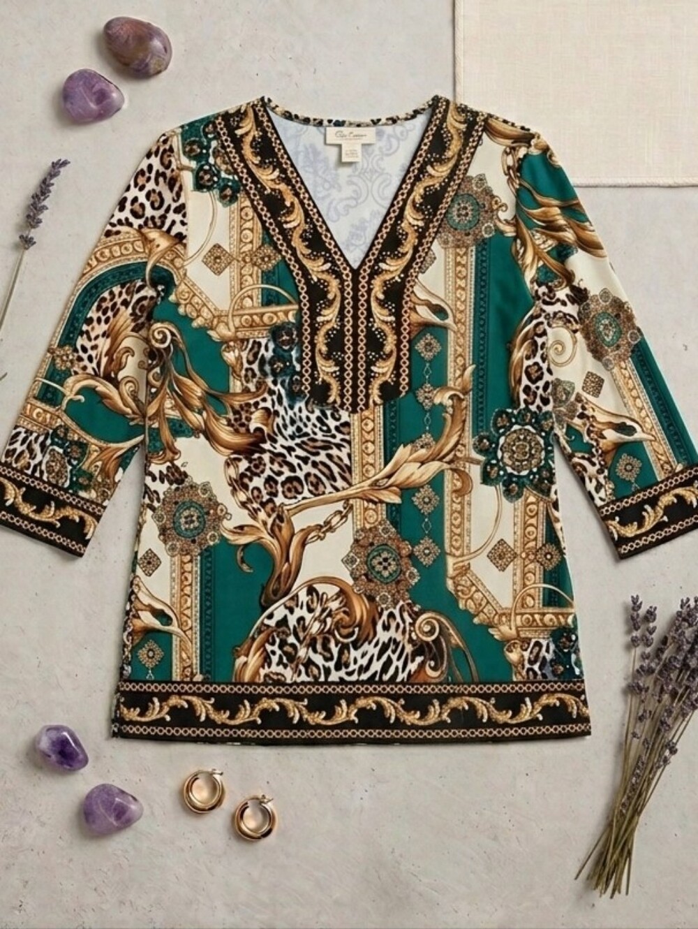 JM Collection Petite Green Baroque & Leopard Print V-Neck Tunic - Size PM